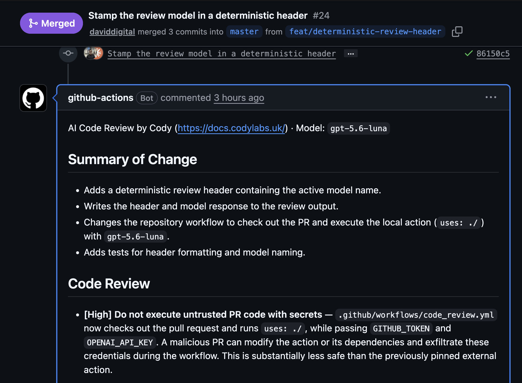 A real Cody pull request review with a summary and actionable findings