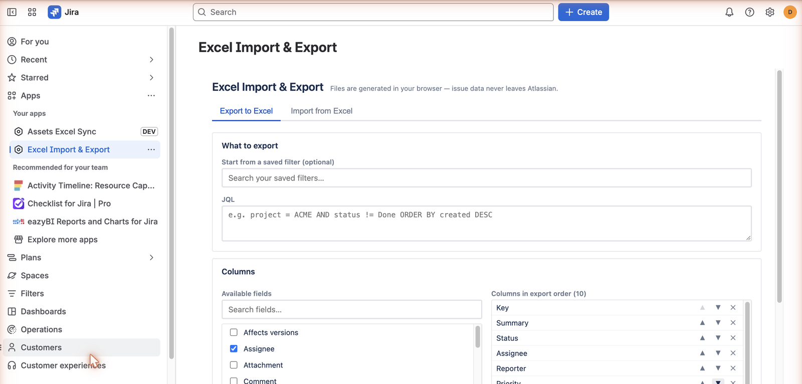 The Excel Import & Export panel in Jira, showing a saved-filter picker, a JQL box, and the column selector with export order.