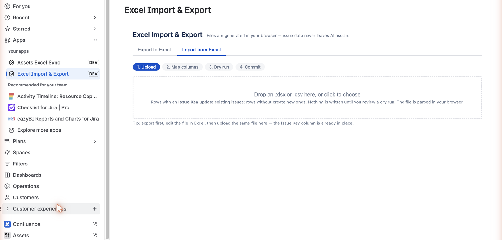 The import side of the app showing the four stages: Upload, Map columns, Dry run, Commit.