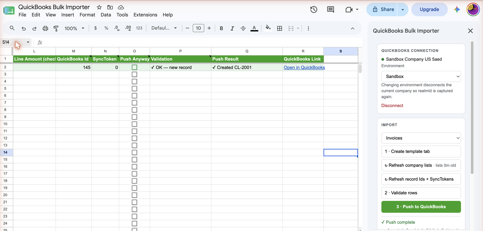 After a push, the sheet shows the QuickBooks record Id, SyncToken, validation result, push result, and a link to open the record in QuickBooks.