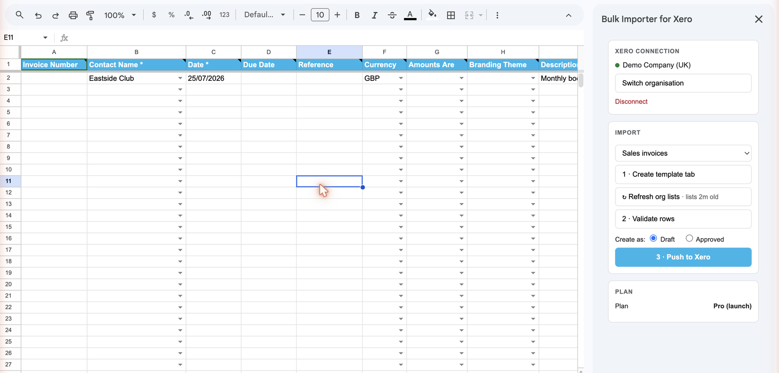 The Bulk Importer for Xero sidebar connected to Demo Company (UK), next to a template row filled in with contact, date, currency, and description ready to validate, with the Push to Xero button in the sidebar.