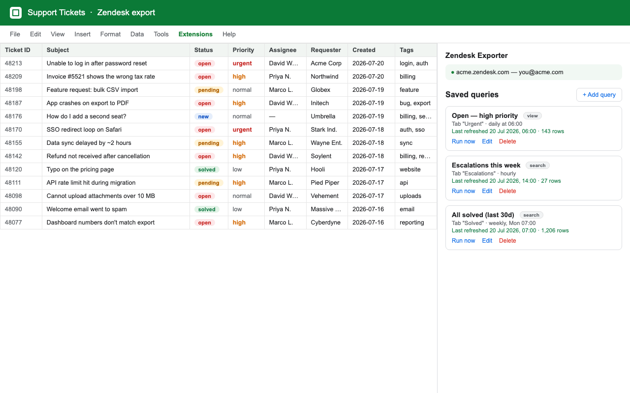 Zendesk tickets in a Google Sheet with the exporter sidebar